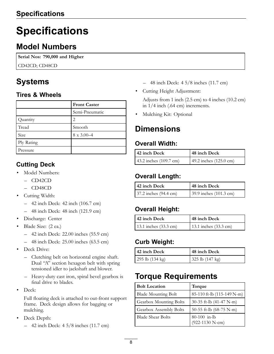 Specifications, Model numbers, Systems | Dimensions, Torque requirements | Exmark 4500-370 User Manual | Page 8 / 24