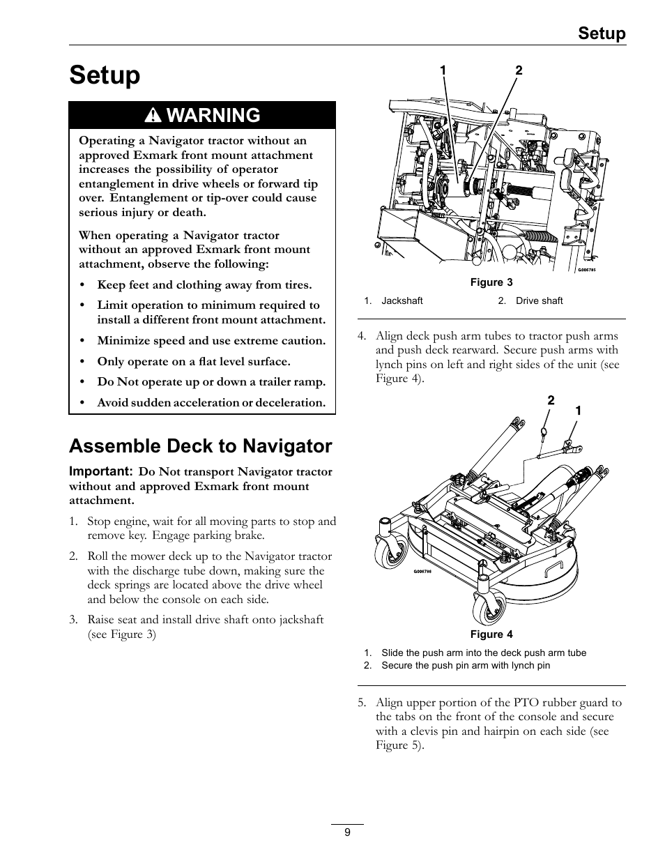 Setup, Assemble deck to navigator, Warning | Exmark 4500-370 User Manual | Page 9 / 24