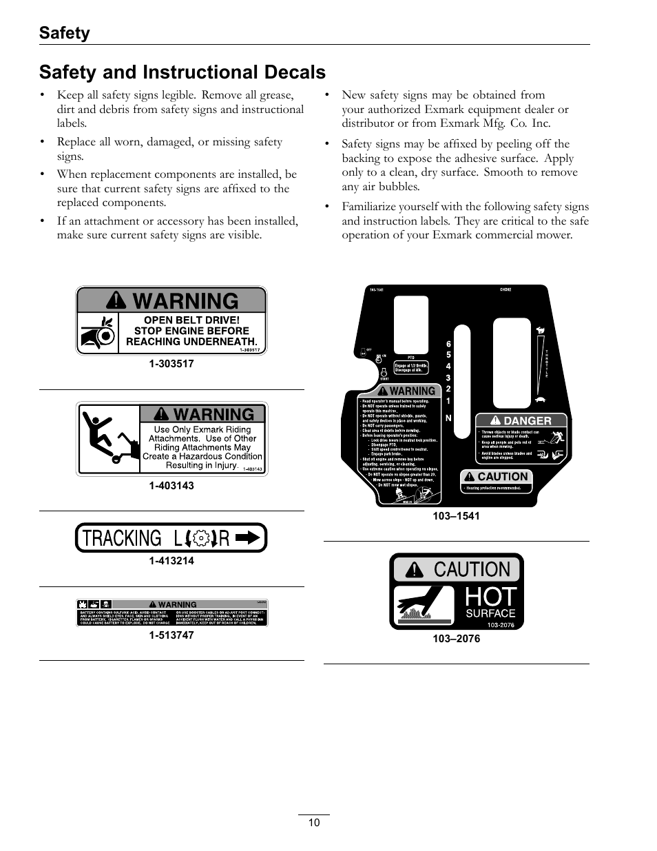 Safety and instructional decals, Safety | Exmark Turf Tracer TT20KCE User Manual | Page 10 / 44