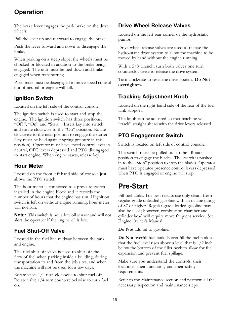 Pre-start, Operation | Exmark Turf Tracer TT20KCE User Manual | Page 16 / 44