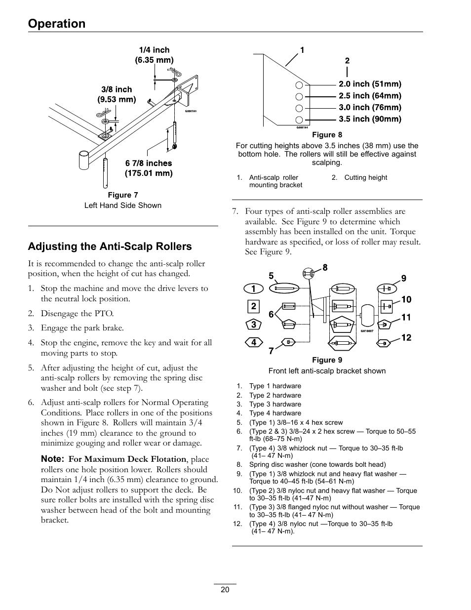 Figure 9, Operation, Adjusting the anti-scalp rollers | Exmark Turf Tracer TT20KCE User Manual | Page 20 / 44