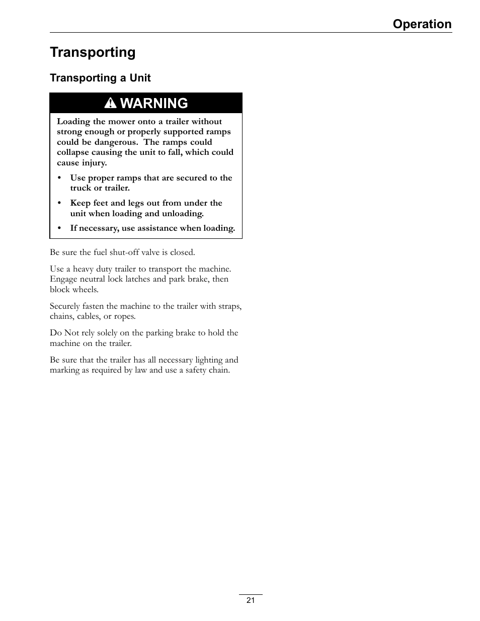 Transporting, Warning, Operation | Exmark Turf Tracer TT20KCE User Manual | Page 21 / 44
