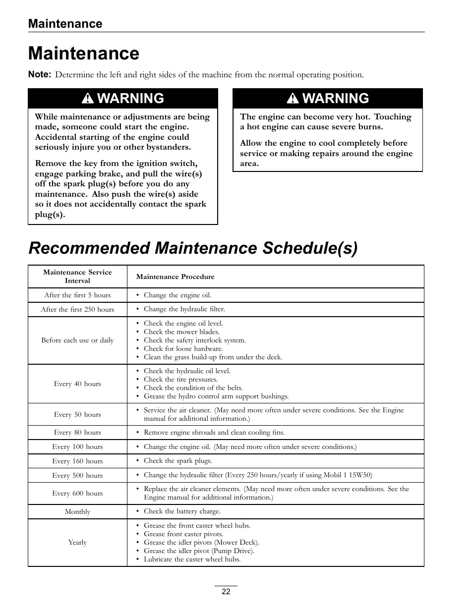 Maintenance, Recommended maintenance schedule(s), Warning | Exmark Turf Tracer TT20KCE User Manual | Page 22 / 44