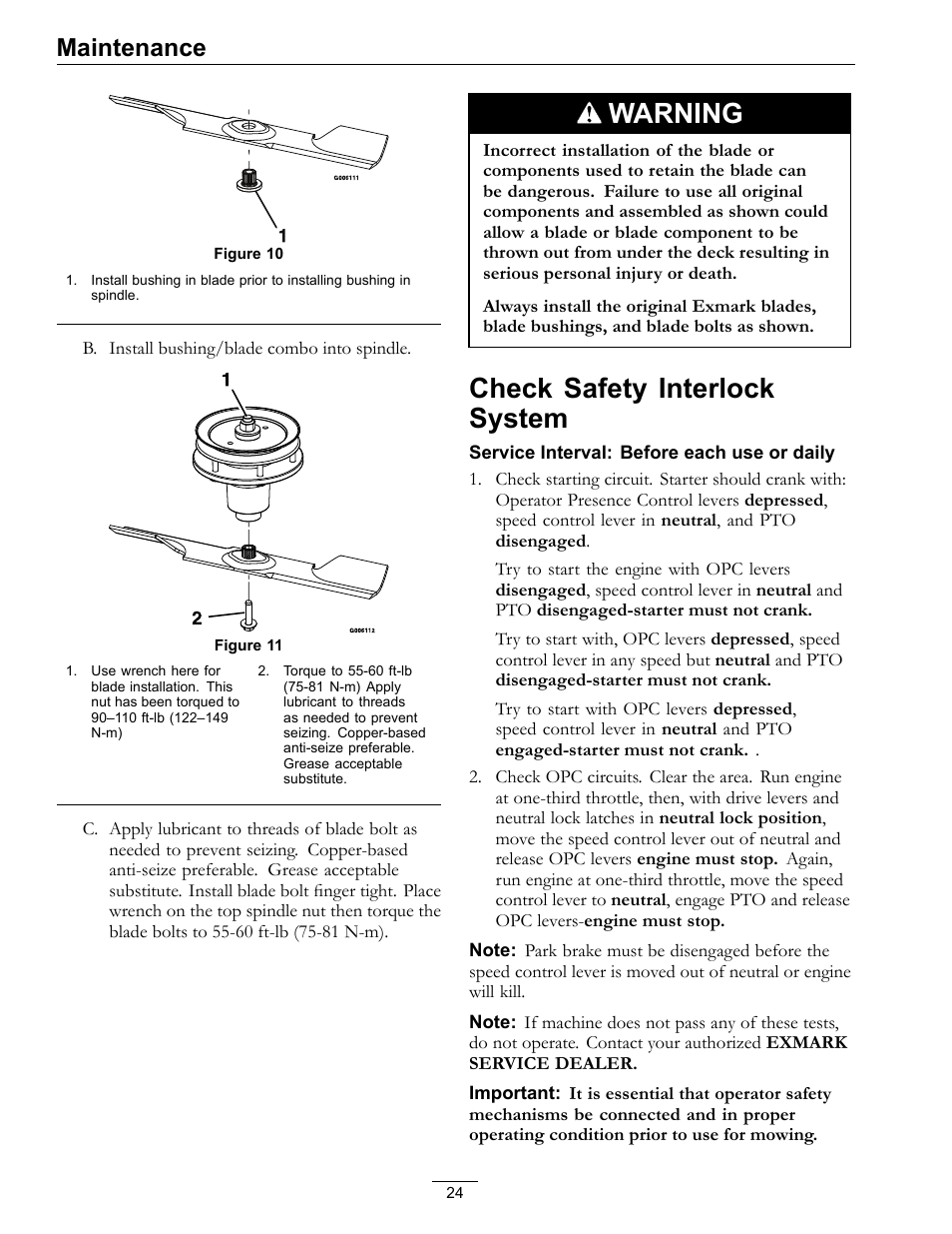 Check safety interlock system, Warning, Maintenance | Exmark Turf Tracer TT20KCE User Manual | Page 24 / 44