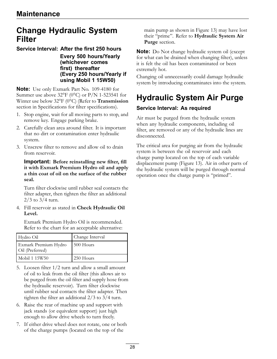 Change hydraulic system filter, Hydraulic system air purge, Maintenance | Exmark Turf Tracer TT20KCE User Manual | Page 28 / 44