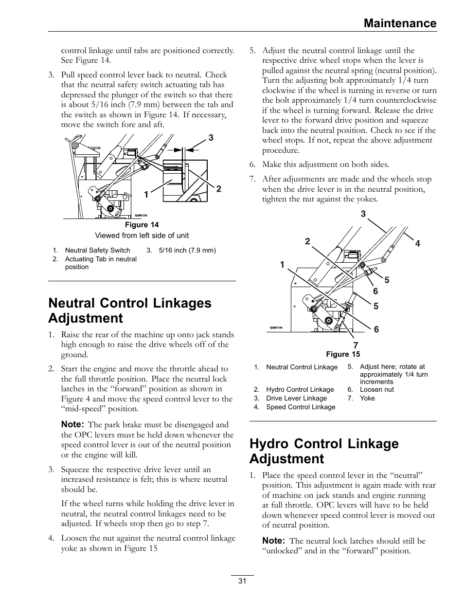 Neutral control linkages adjustment, Hydro control linkage adjustment, Maintenance | Exmark Turf Tracer TT20KCE User Manual | Page 31 / 44