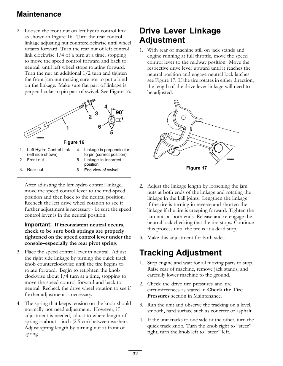 Drive lever linkage adjustment tracking adjustment, Drive lever linkage adjustment, Tracking adjustment | Maintenance | Exmark Turf Tracer TT20KCE User Manual | Page 32 / 44