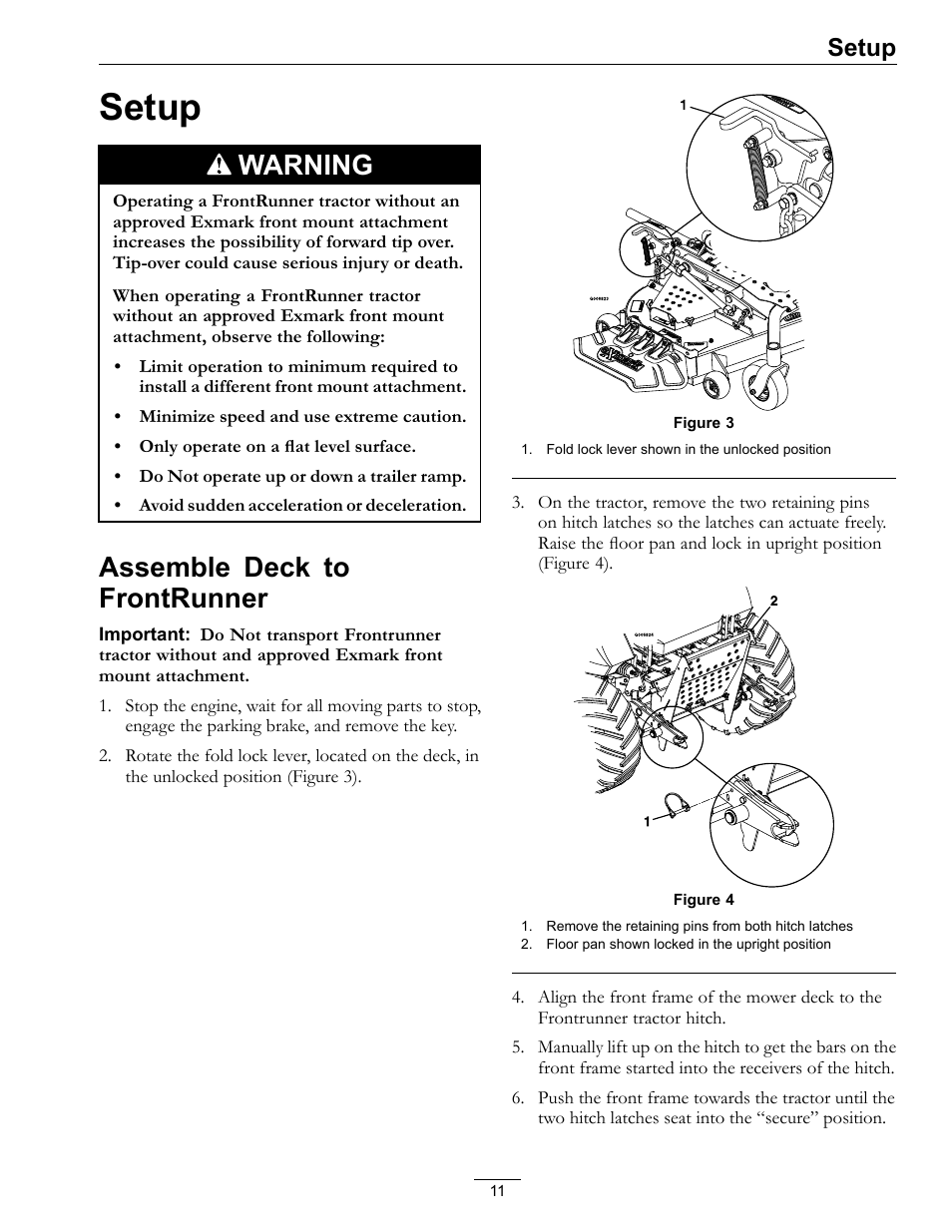 Setup, Assemble deck to frontrunner, Warning | Exmark FR524 User Manual | Page 11 / 28