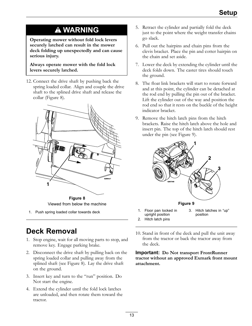 Deck removal, Warning, Setup | Exmark FR524 User Manual | Page 13 / 28