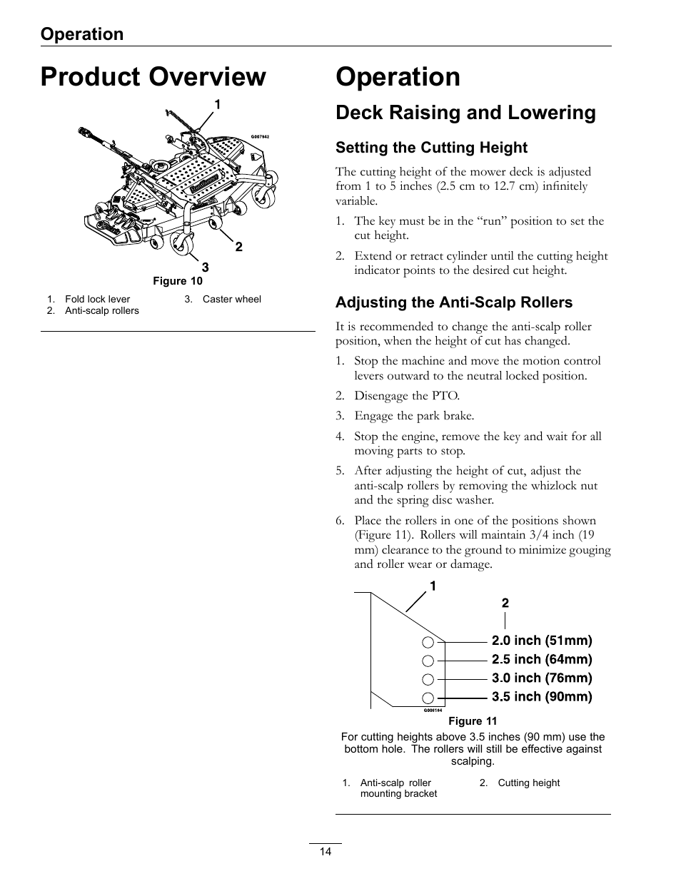 Product overview operation, Deck raising and lowering, Product overview | Operation | Exmark FR524 User Manual | Page 14 / 28