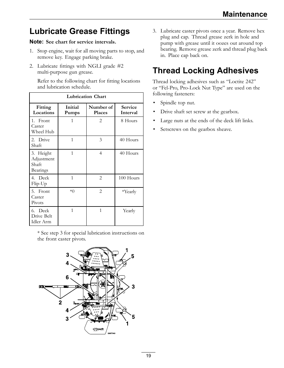 Lubricate grease fittings thread locking adhesives, Lubricate grease fittings, Thread locking adhesives | Maintenance | Exmark FR524 User Manual | Page 19 / 28