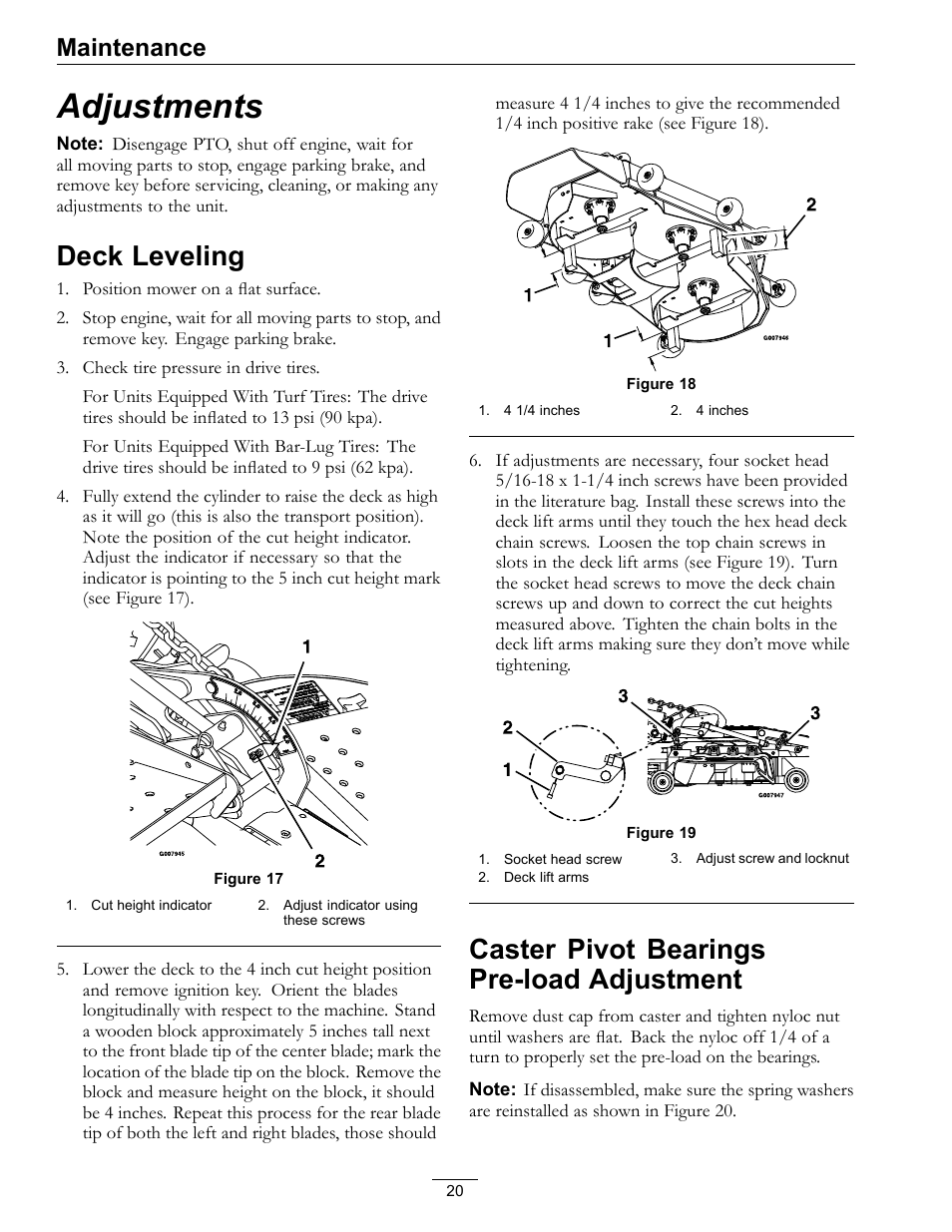 Adjustments, Deck leveling, Caster pivot bearings pre-load | Adjustment, Caster pivot bearings pre-load adjustment, Maintenance | Exmark FR524 User Manual | Page 20 / 28