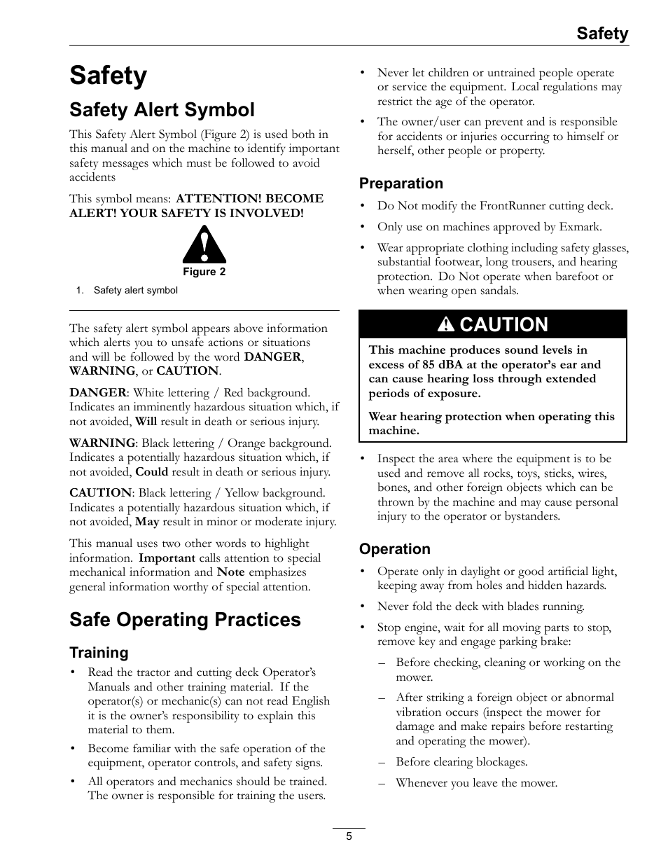 Safety, Safety alert symbol safe operating practices, Safety alert symbol | Safe operating practices, Caution | Exmark FR524 User Manual | Page 5 / 28
