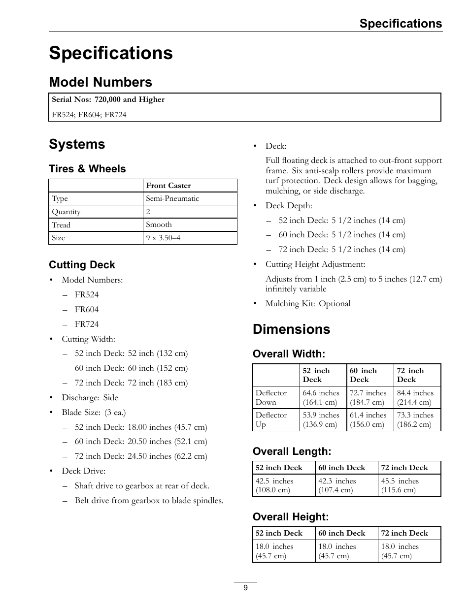 Specifications, Model numbers systems dimensions, Model numbers | Systems, Dimensions | Exmark FR524 User Manual | Page 9 / 28