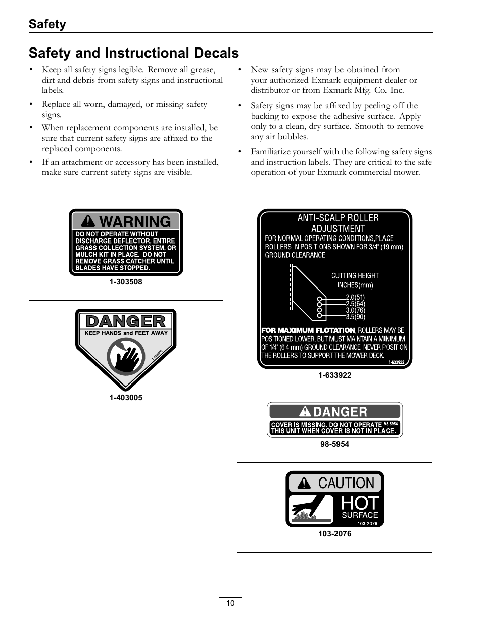 Safety and instructional decals, Safety | Exmark Advantage Series 4500-466 User Manual | Page 10 / 60