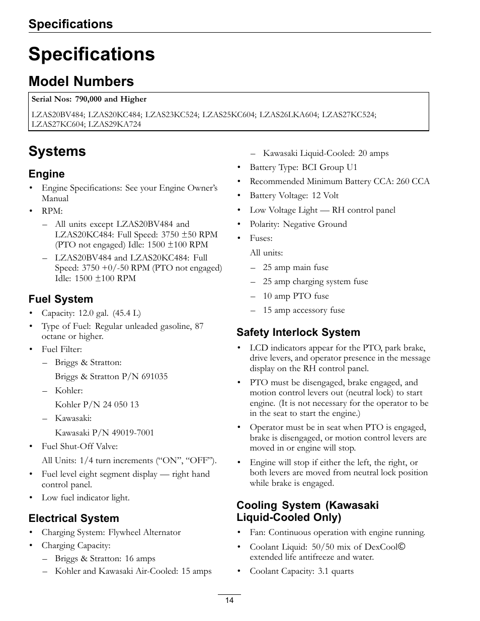 Specifications, Model numbers systems, Model numbers | Systems | Exmark Advantage Series 4500-466 User Manual | Page 14 / 60