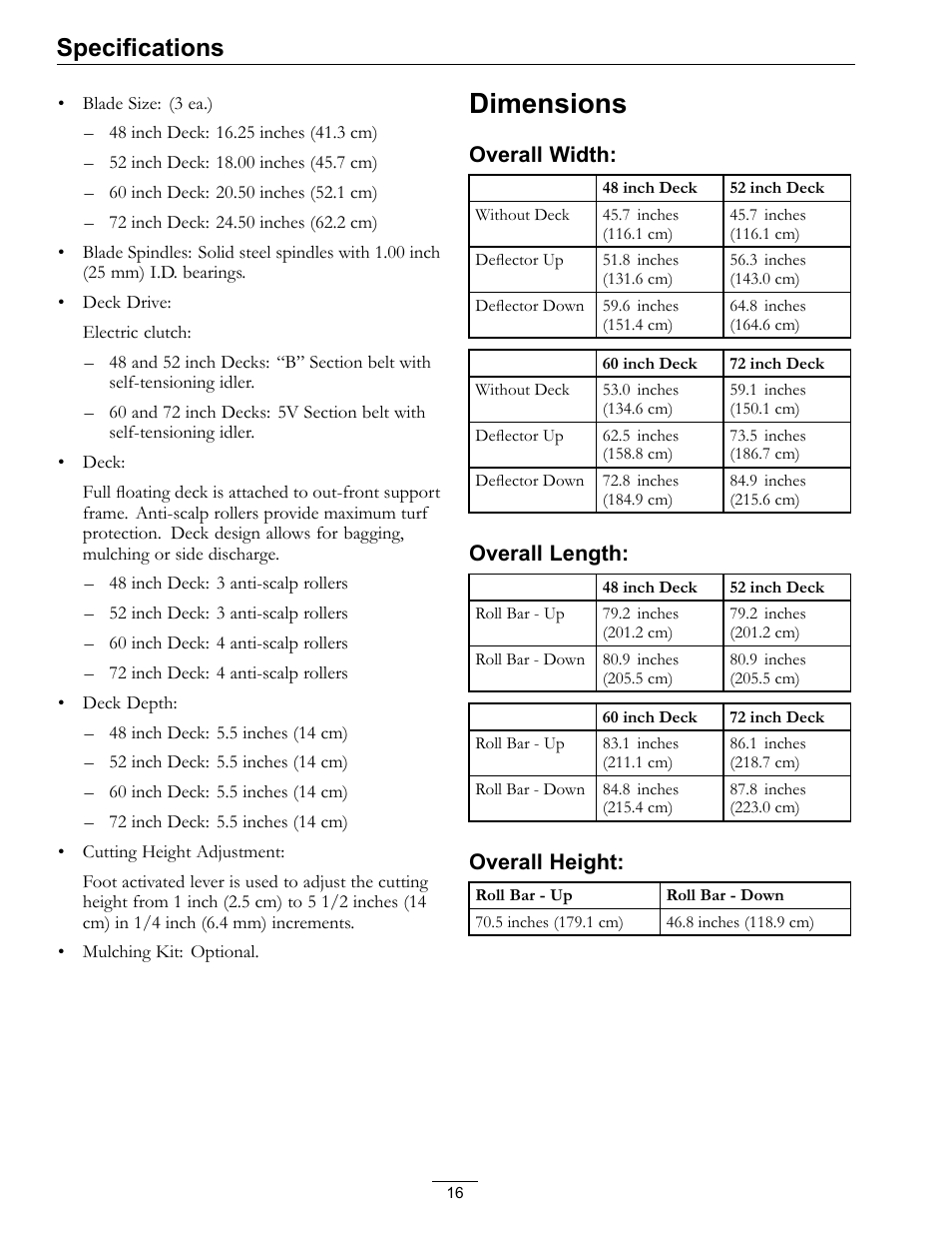 Dimensions, Specifications | Exmark Advantage Series 4500-466 User Manual | Page 16 / 60