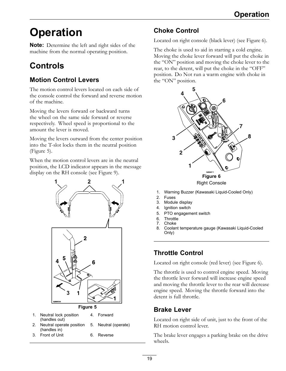 Operation, Controls, Motion control levers | Choke control, Throttle control, Brake lever | Exmark Advantage Series 4500-466 User Manual | Page 19 / 60