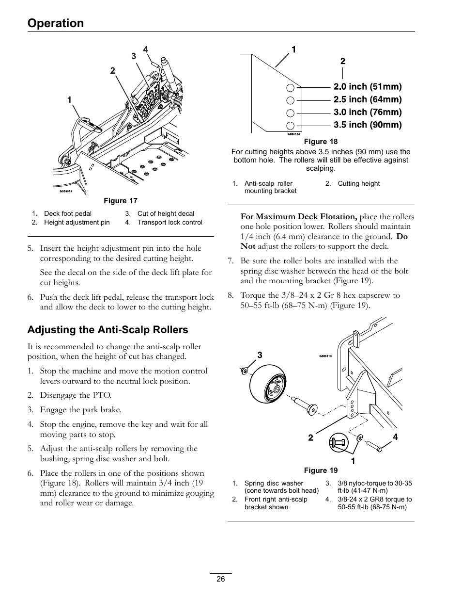 Operation, Adjusting the anti-scalp rollers | Exmark Advantage Series 4500-466 User Manual | Page 26 / 60