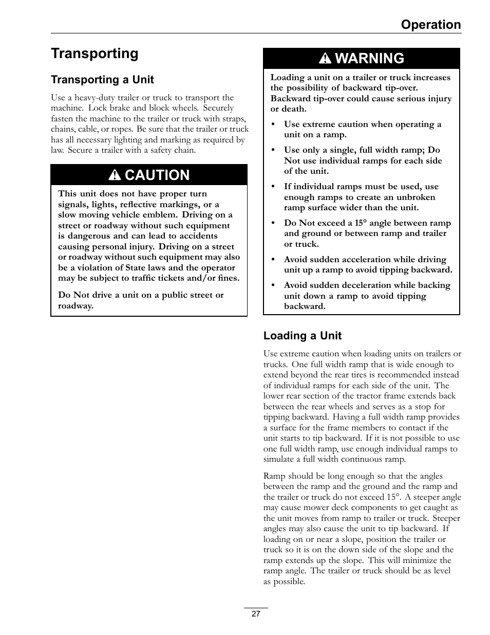 Transporting, Caution, Warning | Operation | Exmark Advantage Series 4500-466 User Manual | Page 27 / 60