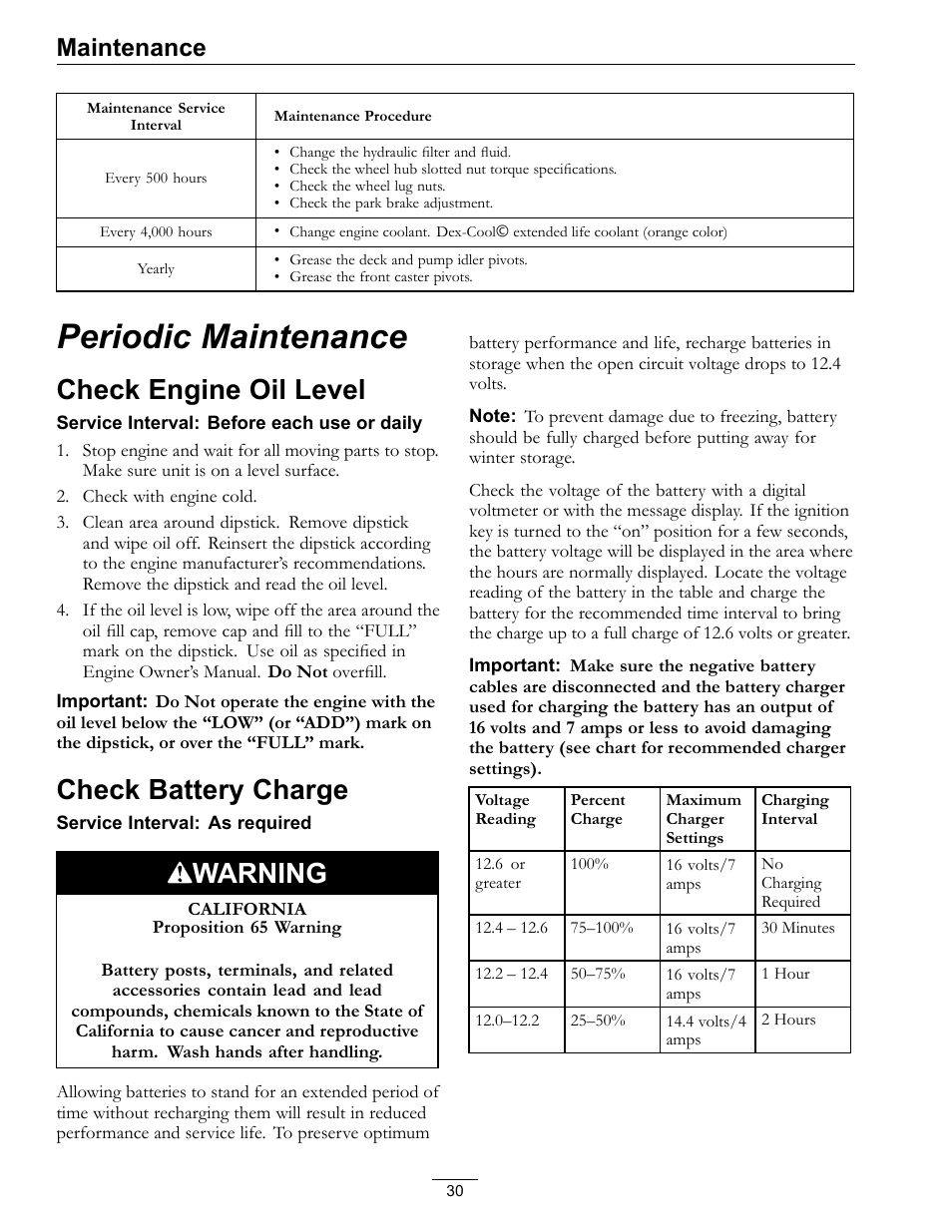 Periodic maintenance, Check engine oil level, Check battery charge | Warning, Maintenance | Exmark Advantage Series 4500-466 User Manual | Page 30 / 60