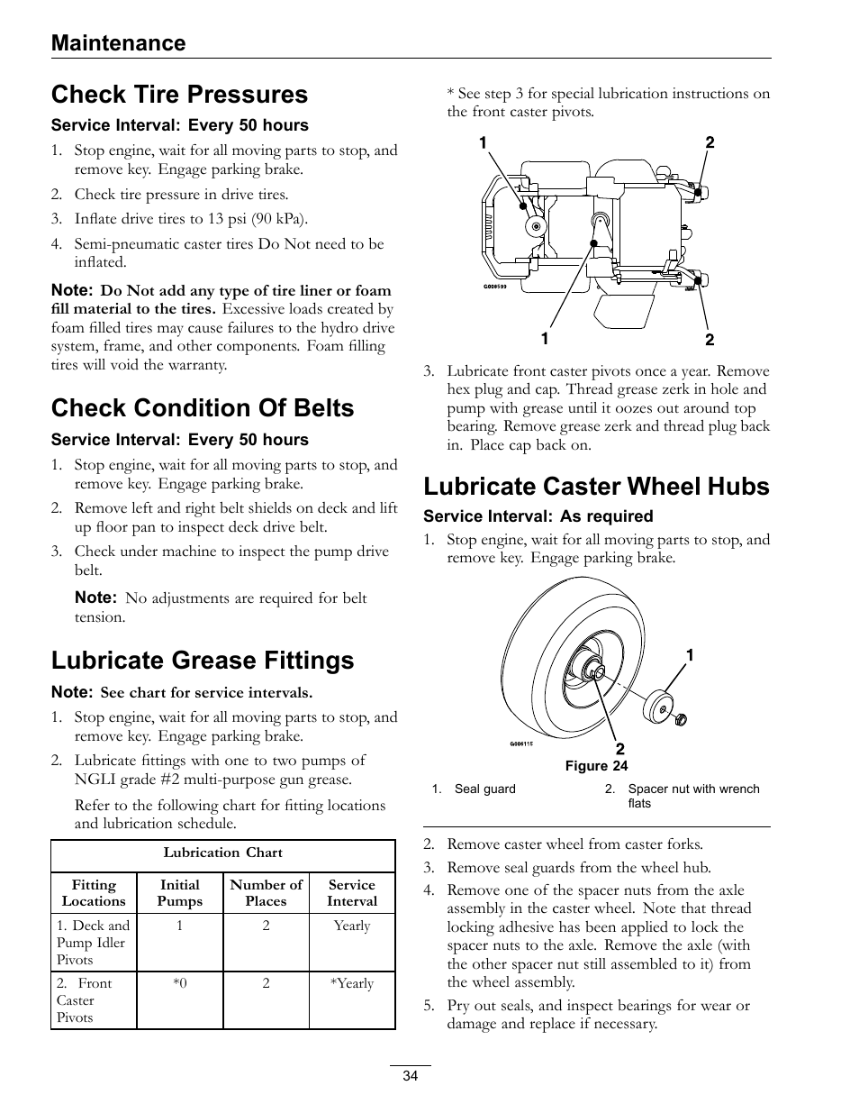 Check tire pressures, Check condition of belts, Lubricate grease fittings | Lubricate caster wheel hubs, Maintenance | Exmark Advantage Series 4500-466 User Manual | Page 34 / 60