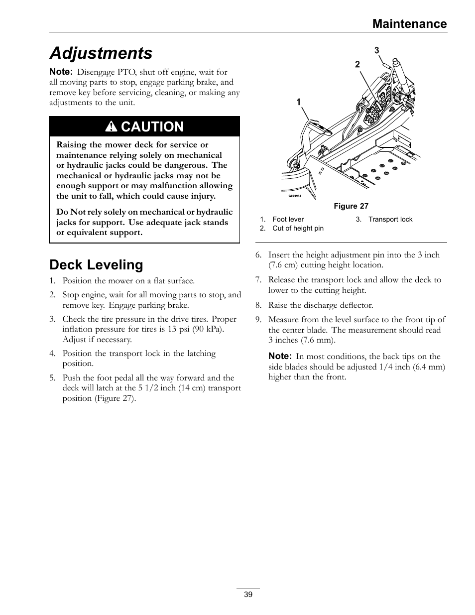 Adjustments, Deck leveling, Caution | Maintenance | Exmark Advantage Series 4500-466 User Manual | Page 39 / 60