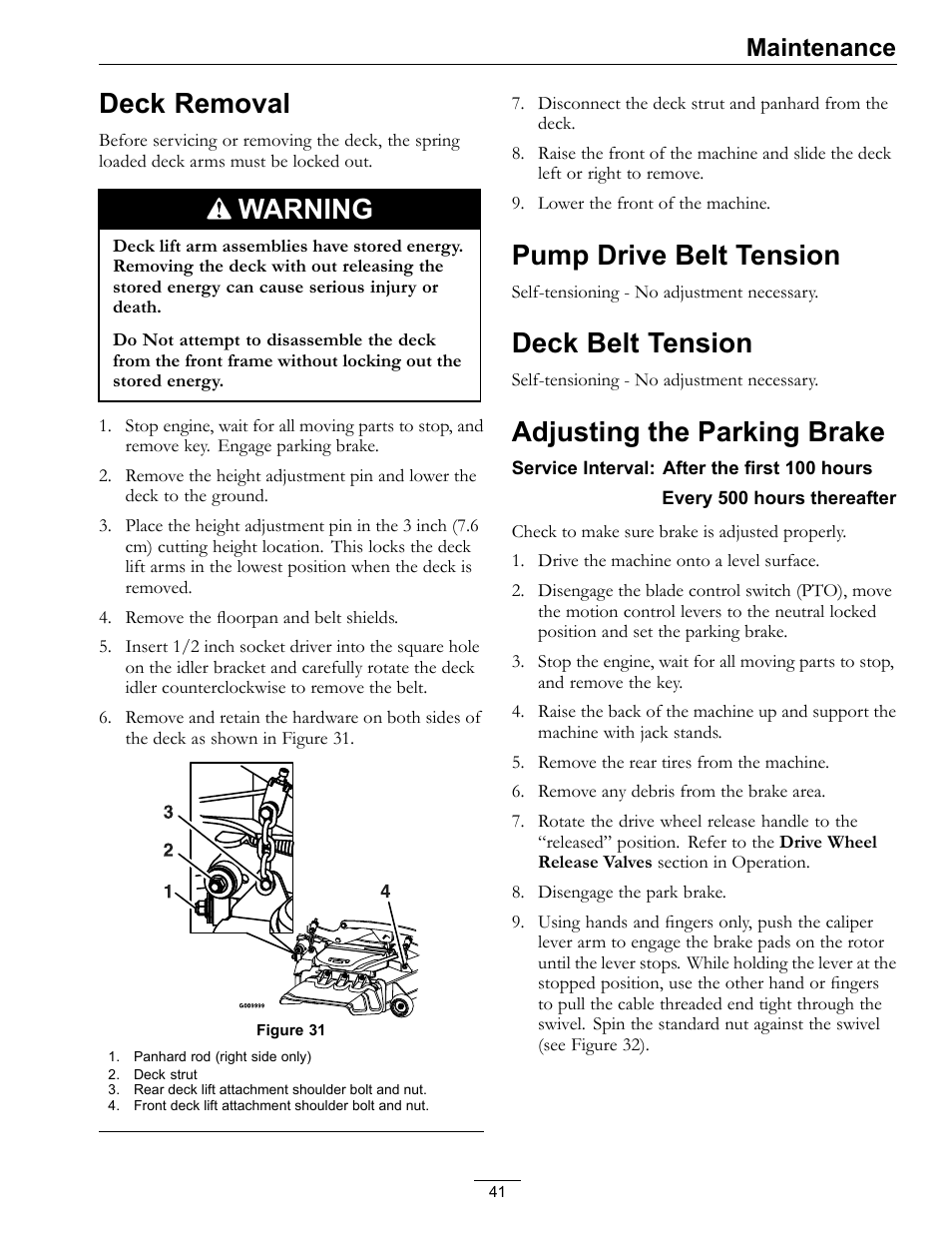 Deck removal pump drive belt tension, Deck belt tension, Adjusting the parking brake | Deck removal, Warning, Pump drive belt tension, Maintenance | Exmark Advantage Series 4500-466 User Manual | Page 41 / 60