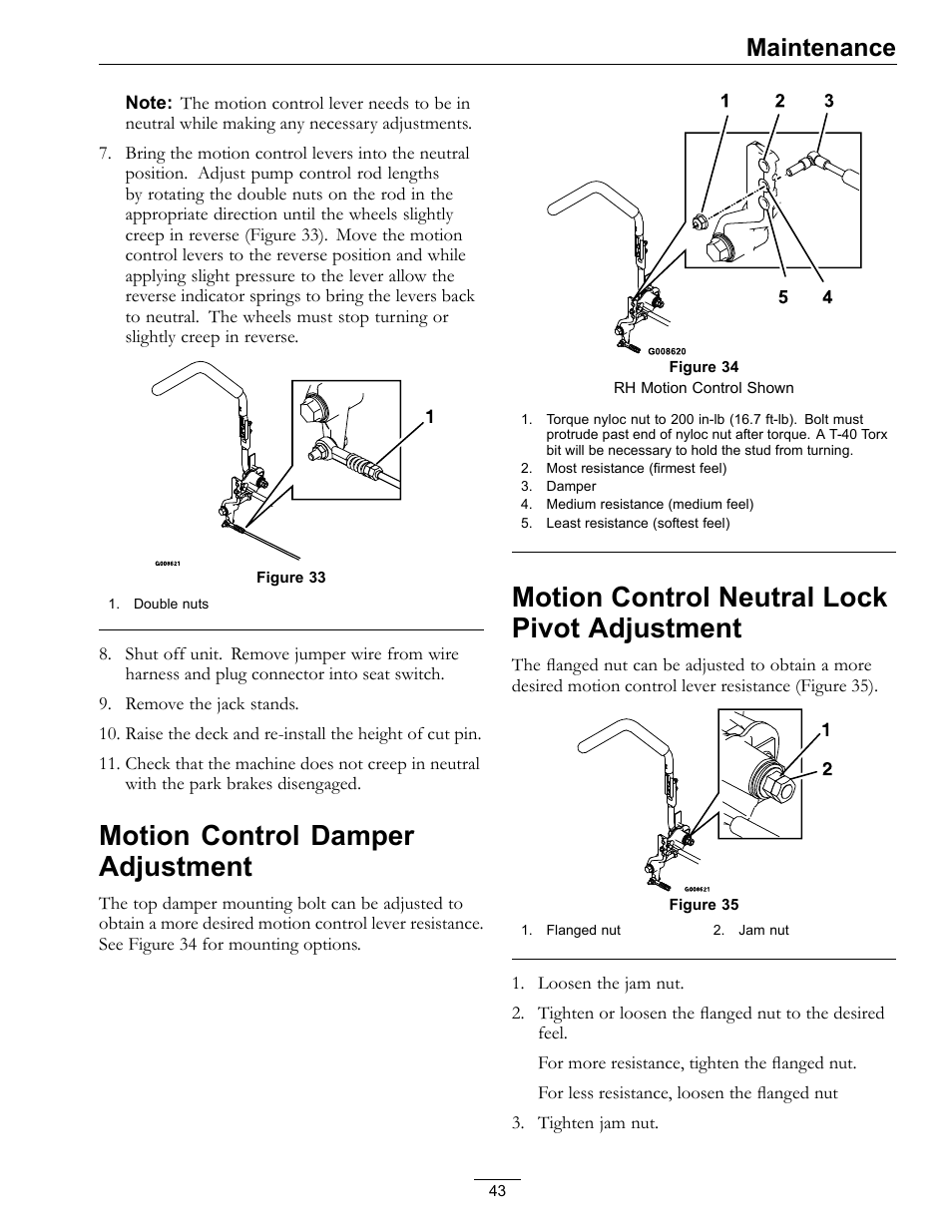 Adjustment, Motion control damper adjustment, Motion control neutral lock pivot adjustment | Maintenance | Exmark Advantage Series 4500-466 User Manual | Page 43 / 60
