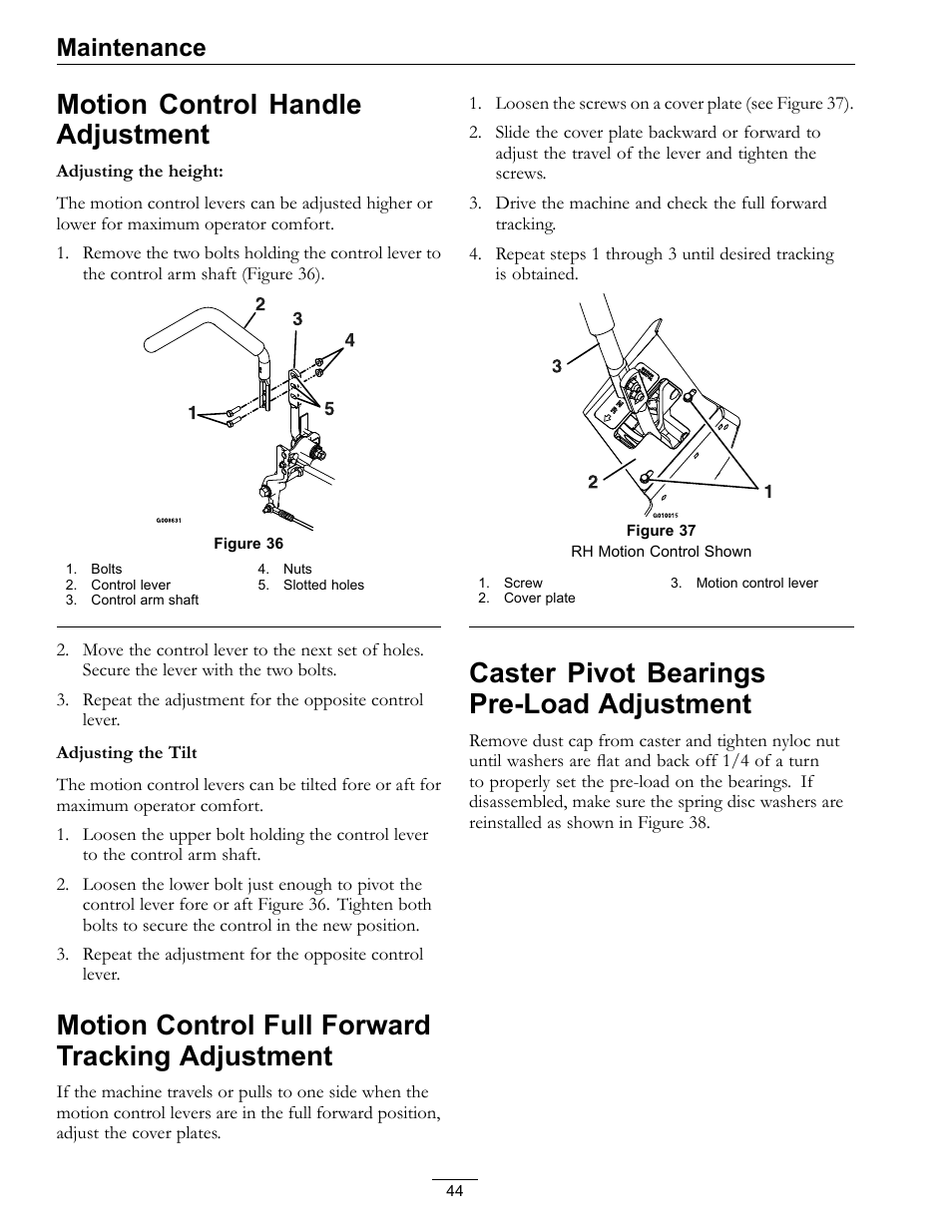 Adjustment, Caster pivot bearings pre-load, Motion control handle adjustment | Motion control full forward tracking adjustment, Caster pivot bearings pre-load adjustment, Maintenance | Exmark Advantage Series 4500-466 User Manual | Page 44 / 60