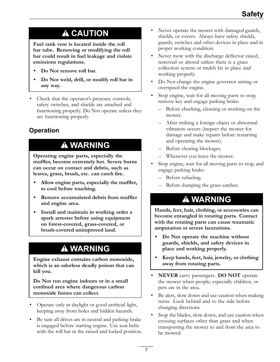 Caution, Warning, Safety | Exmark Advantage Series 4500-466 User Manual | Page 7 / 60