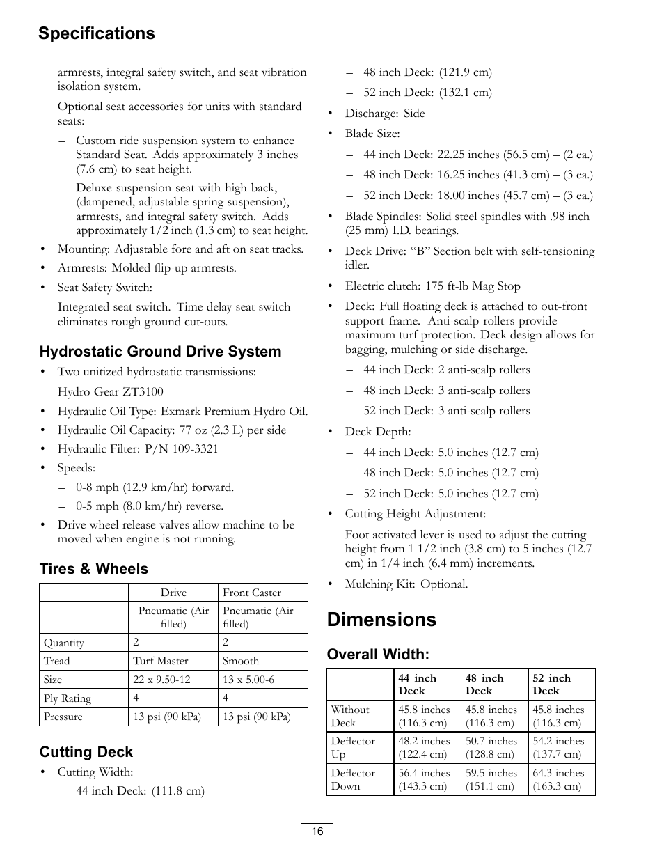 Dimensions, Specifications | Exmark Pioneer S-Series 920 User Manual | Page 16 / 52