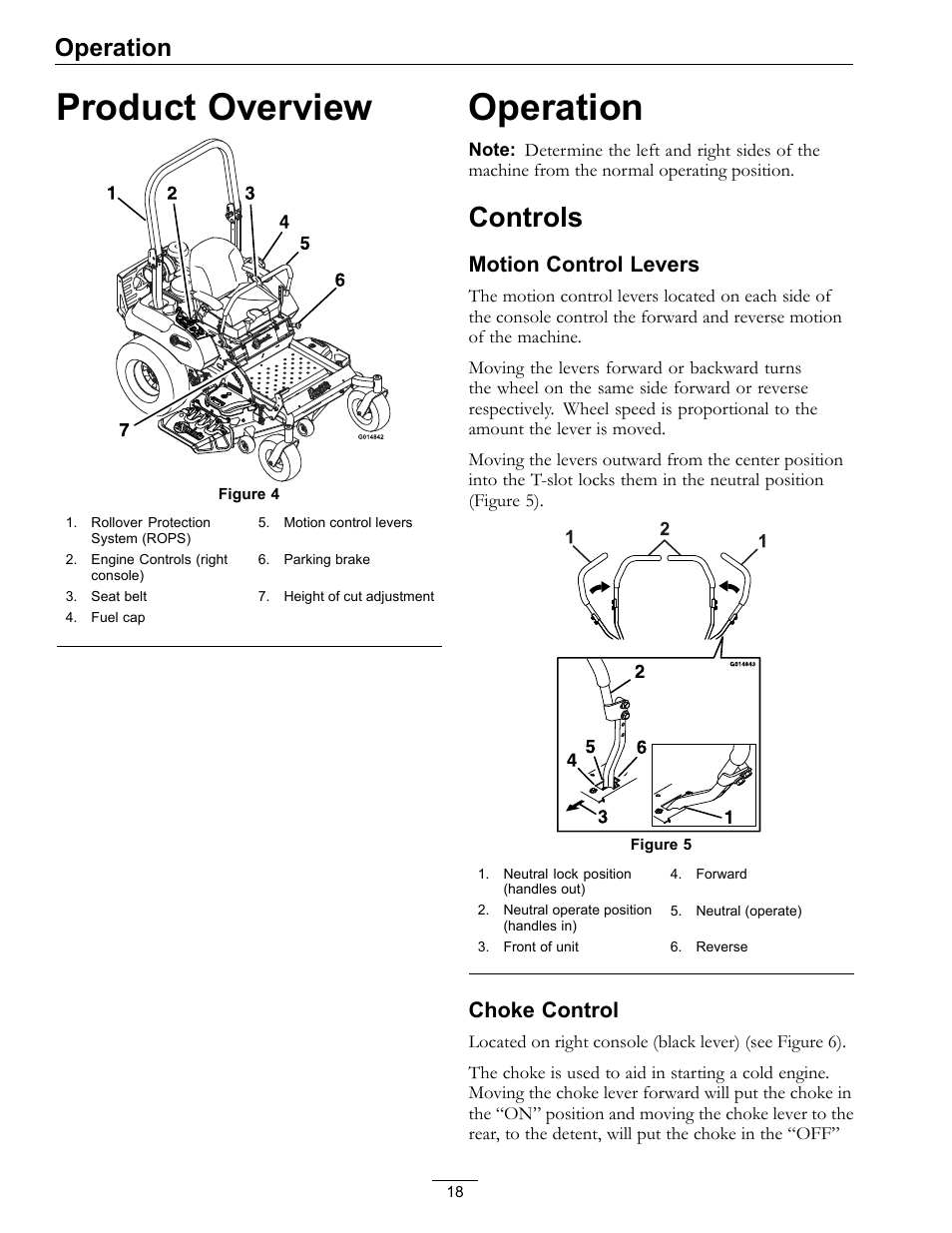 Product overview operation, Controls, Product overview | Operation, Motion control levers, Choke control | Exmark Pioneer S-Series 920 User Manual | Page 18 / 52