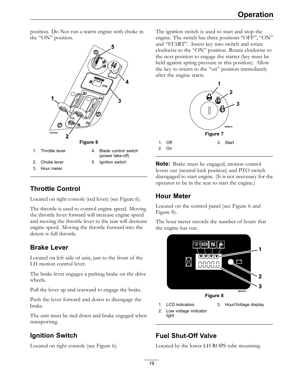 Operation, Throttle control, Brake lever | Ignition switch, Hour meter, Fuel shut-off valve | Exmark Pioneer S-Series 920 User Manual | Page 19 / 52