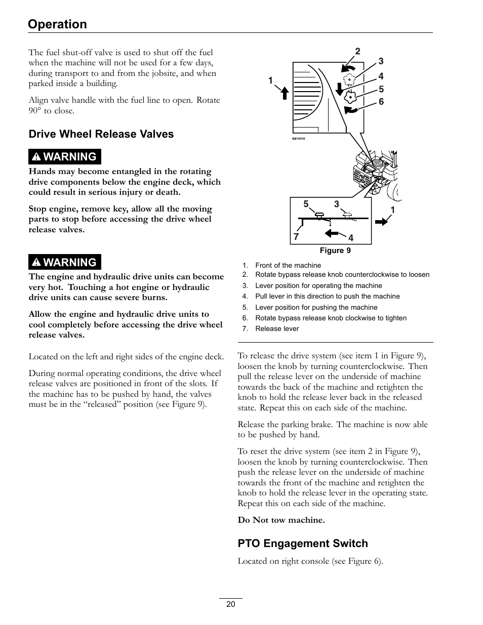 Operation, Drive wheel release valves warning, Warning | Pto engagement switch | Exmark Pioneer S-Series 920 User Manual | Page 20 / 52