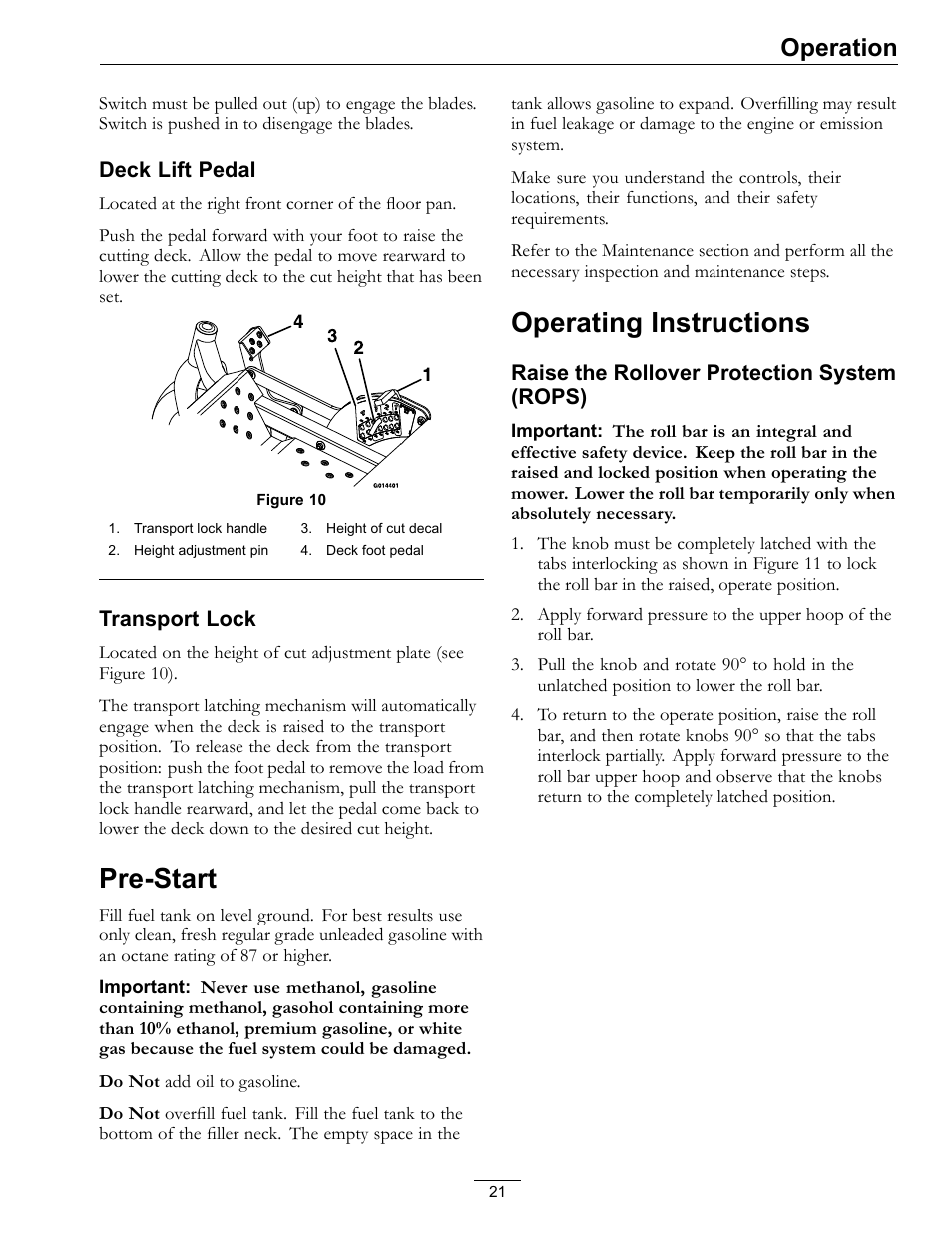 Pre-start operating instructions, Pre-start, Operating instructions | Operation | Exmark Pioneer S-Series 920 User Manual | Page 21 / 52