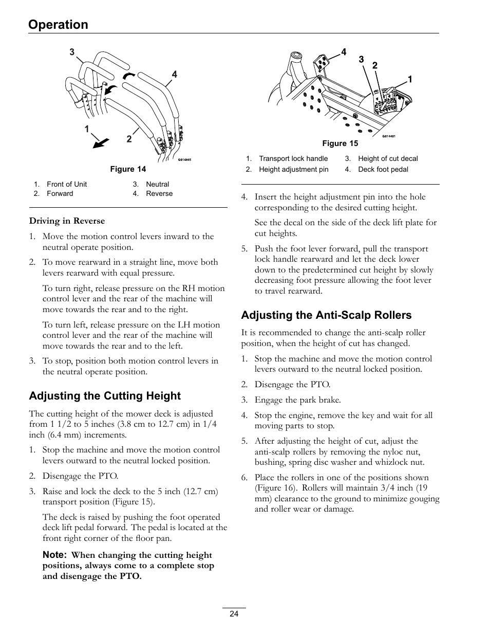 Operation, Adjusting the cutting height, Adjusting the anti-scalp rollers | Exmark Pioneer S-Series 920 User Manual | Page 24 / 52