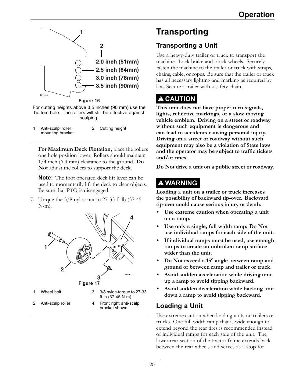 Transporting, Operation, Transporting a unit | Caution, Warning, Loading a unit | Exmark Pioneer S-Series 920 User Manual | Page 25 / 52