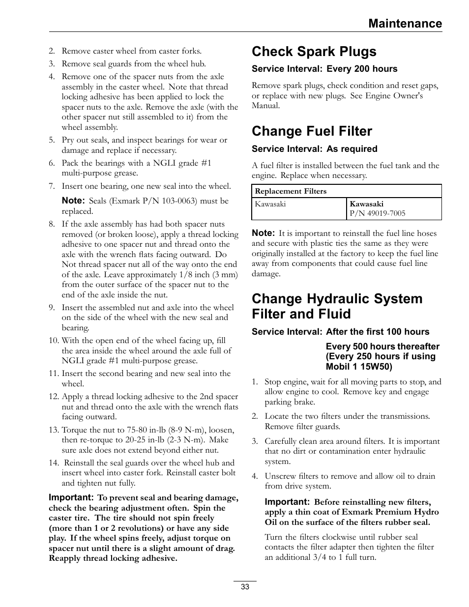Fluid, Check spark plugs, Change fuel filter | Change hydraulic system filter and fluid, Maintenance | Exmark Pioneer S-Series 920 User Manual | Page 33 / 52