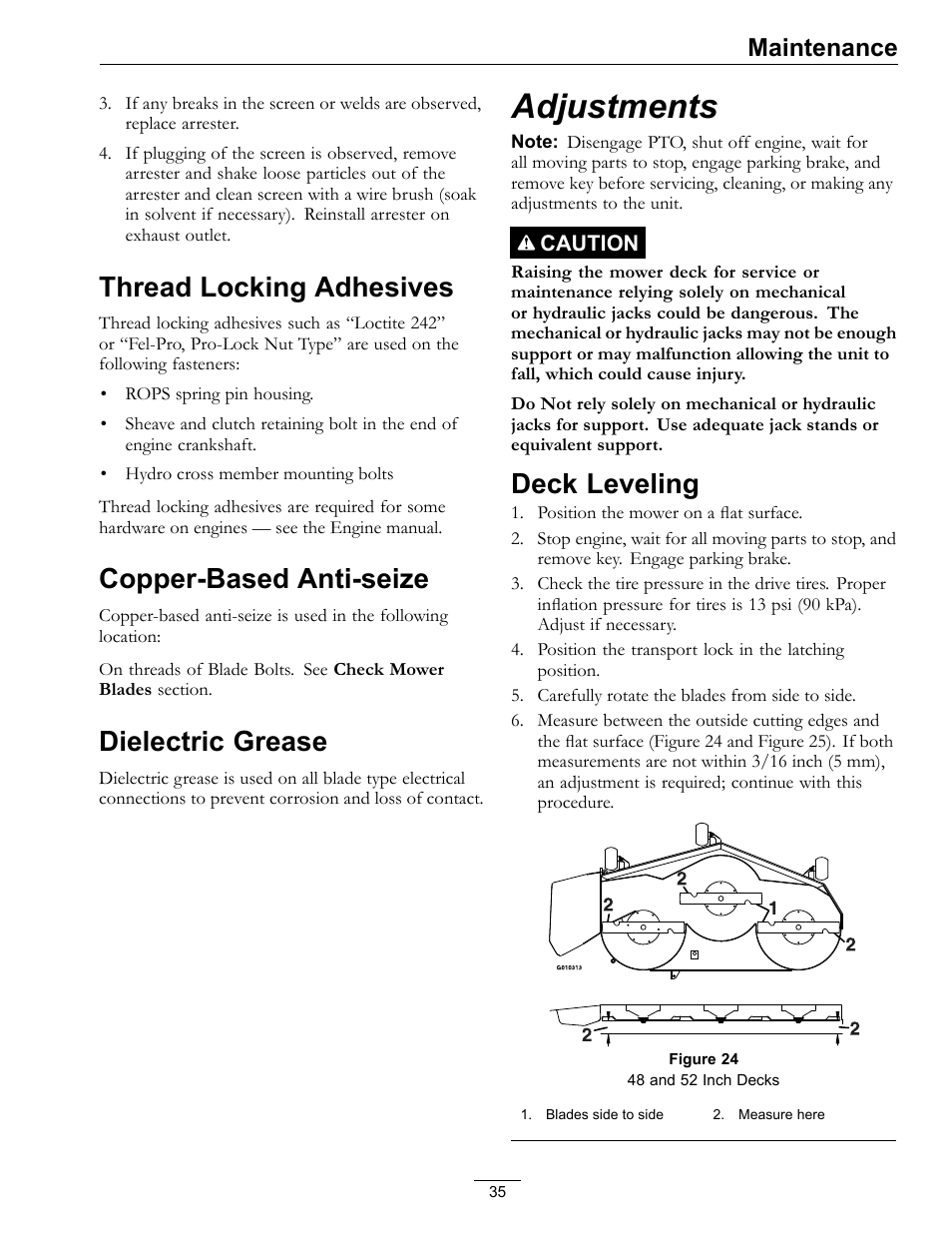 Adjustments, Deck leveling, Thread locking adhesives | Copper-based anti-seize, Dielectric grease, Maintenance | Exmark Pioneer S-Series 920 User Manual | Page 35 / 52