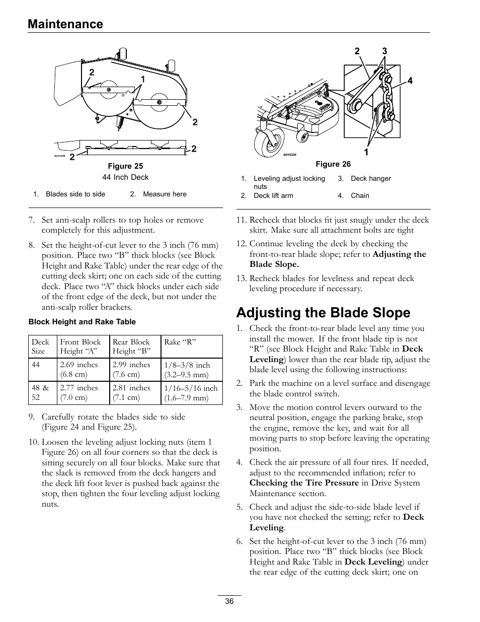 Adjusting the blade slope, Maintenance | Exmark Pioneer S-Series 920 User Manual | Page 36 / 52