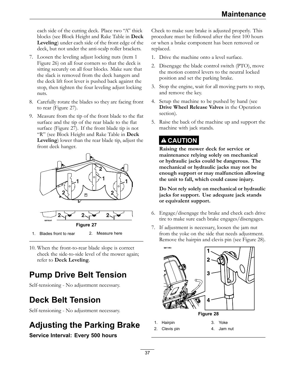 Pump drive belt tension, Deck belt tension, Adjusting the parking brake | Maintenance, Caution | Exmark Pioneer S-Series 920 User Manual | Page 37 / 52