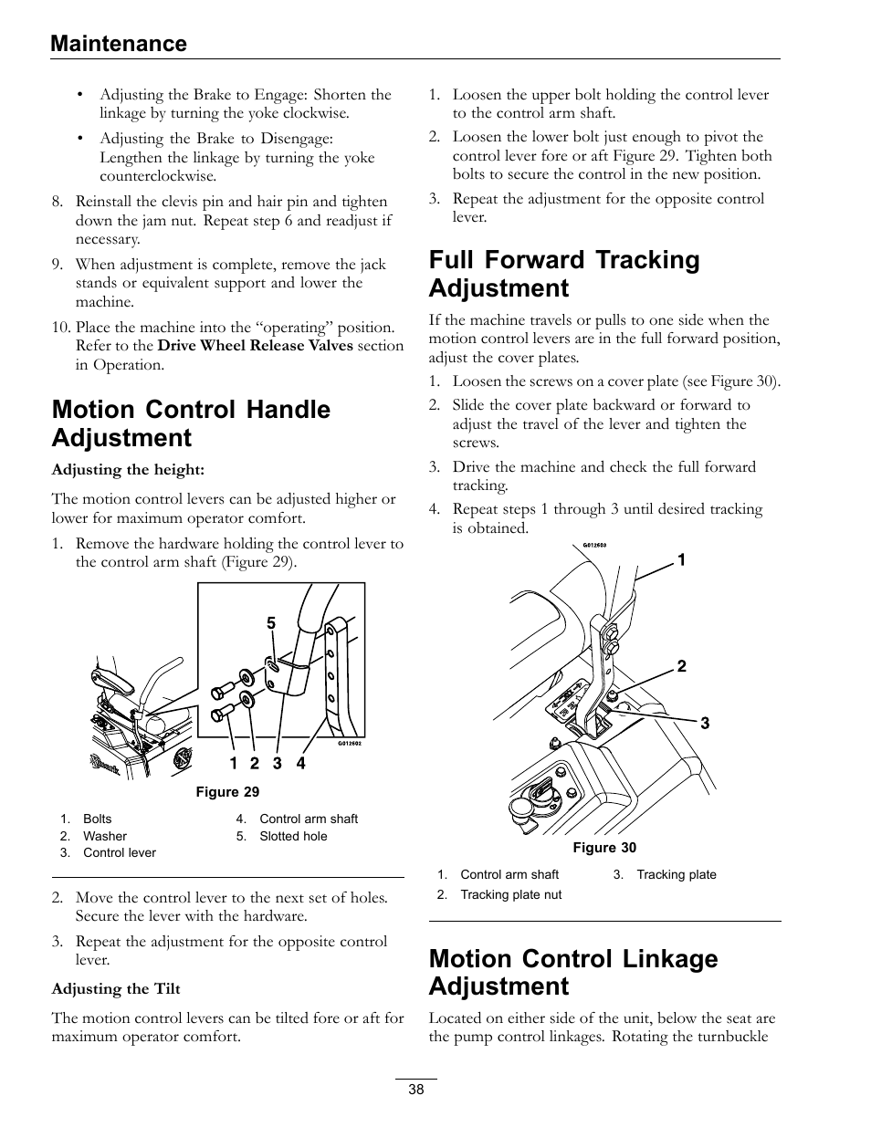 Motion control handle adjustment, Full forward tracking adjustment, Motion control linkage adjustment | Maintenance | Exmark Pioneer S-Series 920 User Manual | Page 38 / 52