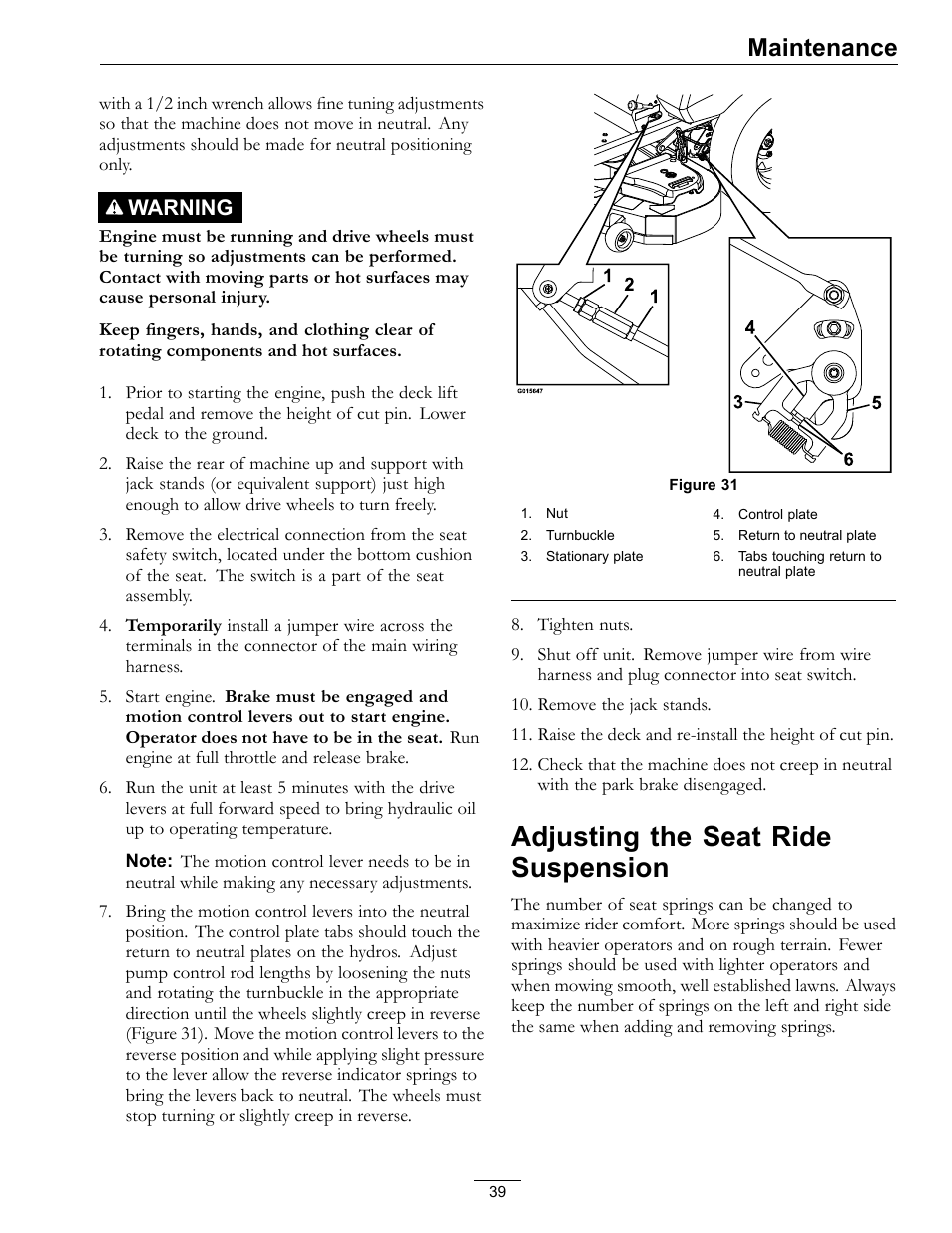 Adjusting the seat ride suspension, Maintenance, Warning | Exmark Pioneer S-Series 920 User Manual | Page 39 / 52