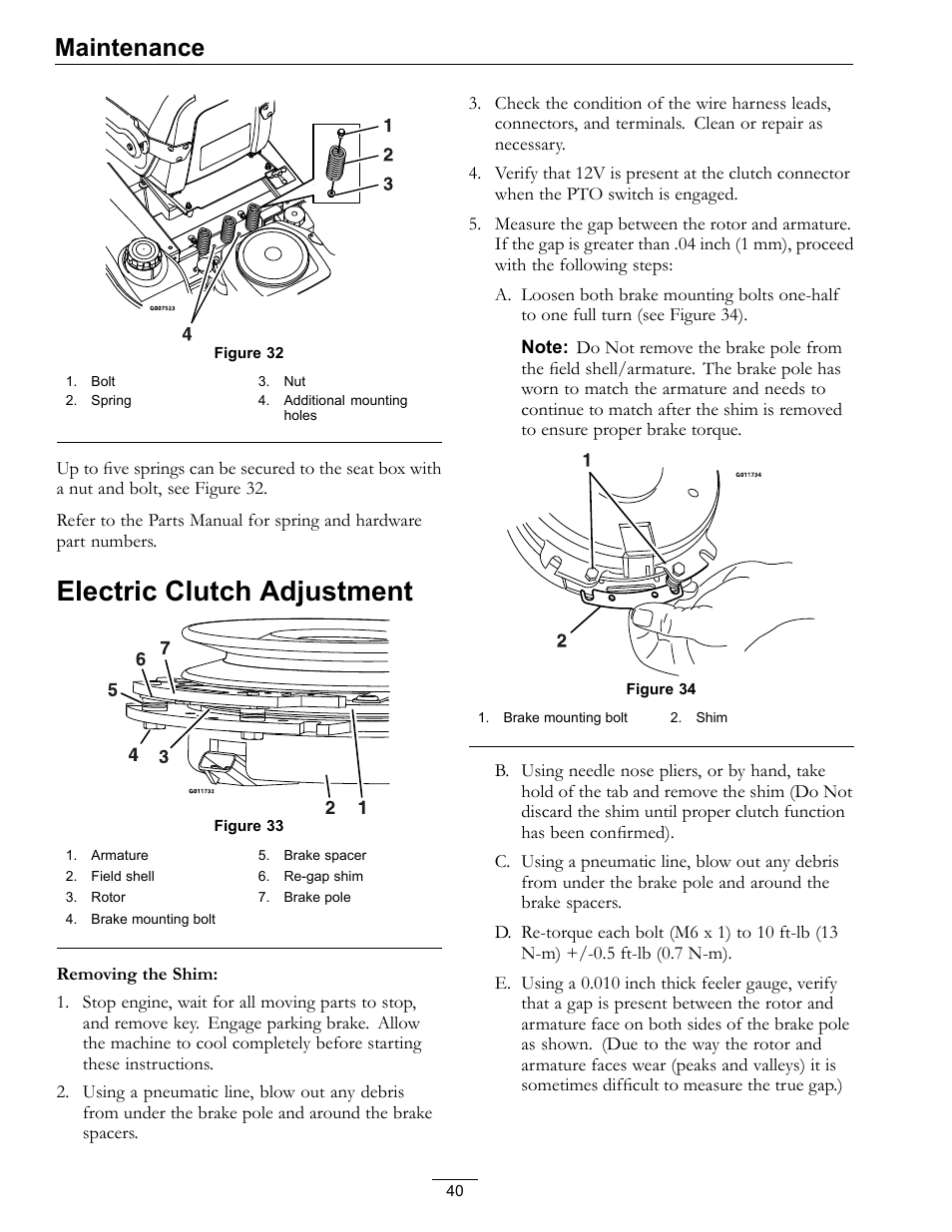 Electric clutch adjustment, Maintenance | Exmark Pioneer S-Series 920 User Manual | Page 40 / 52