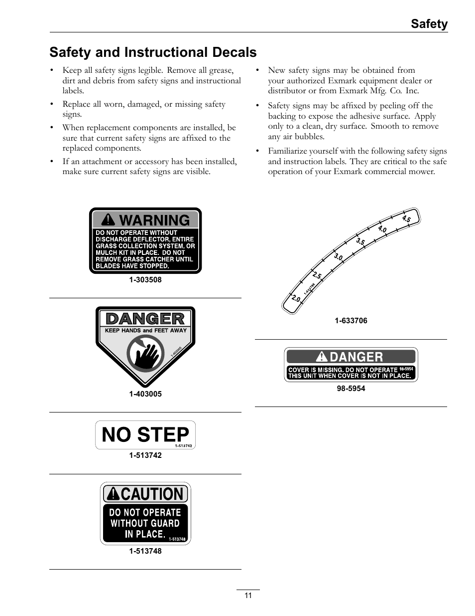 Safety and instructional decals, Safety | Exmark Lazer Z DS-Series LZDS User Manual | Page 11 / 60