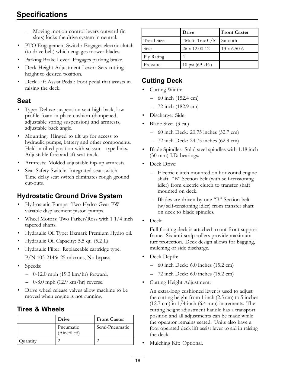 Specifications | Exmark Lazer Z DS-Series LZDS User Manual | Page 18 / 60