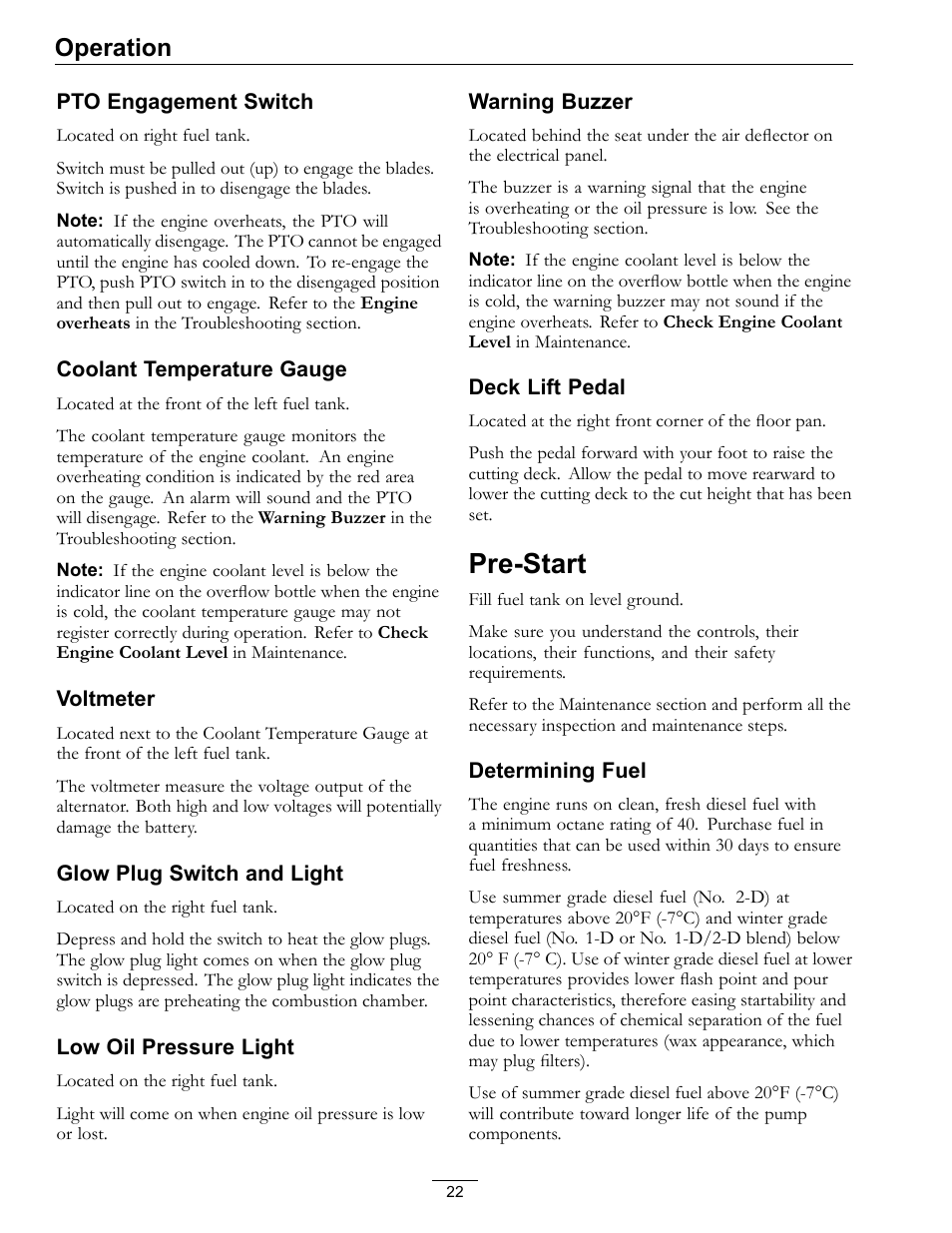Pre-start, Operation | Exmark Lazer Z DS-Series LZDS User Manual | Page 22 / 60