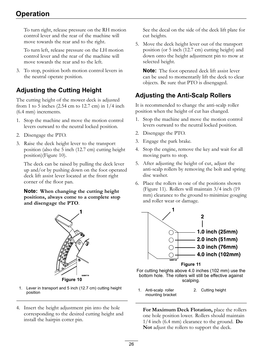 Operation, Adjusting the cutting height, Adjusting the anti-scalp rollers | Exmark Lazer Z DS-Series LZDS User Manual | Page 26 / 60