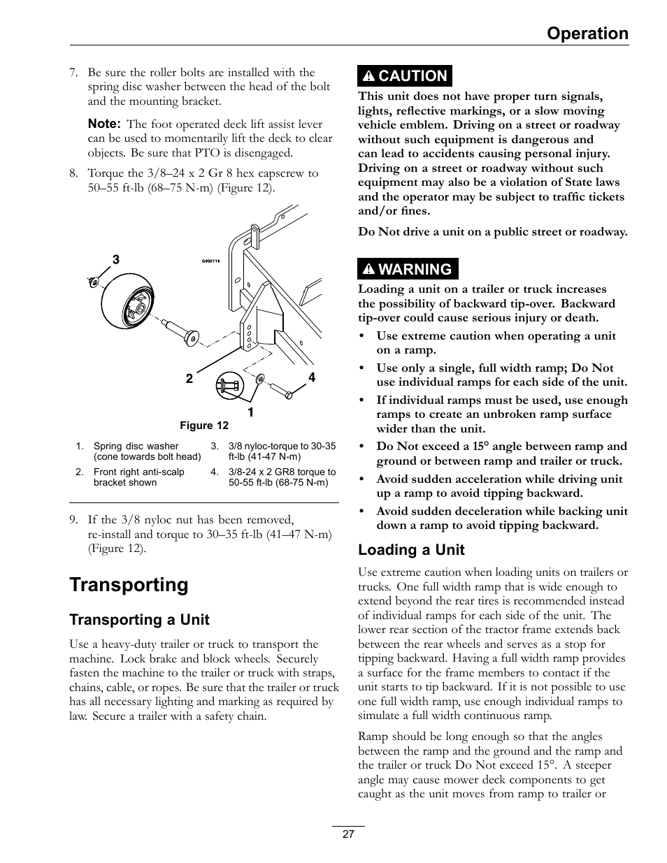 Transporting, Operation, Transporting a unit | Caution, Warning, Loading a unit | Exmark Lazer Z DS-Series LZDS User Manual | Page 27 / 60